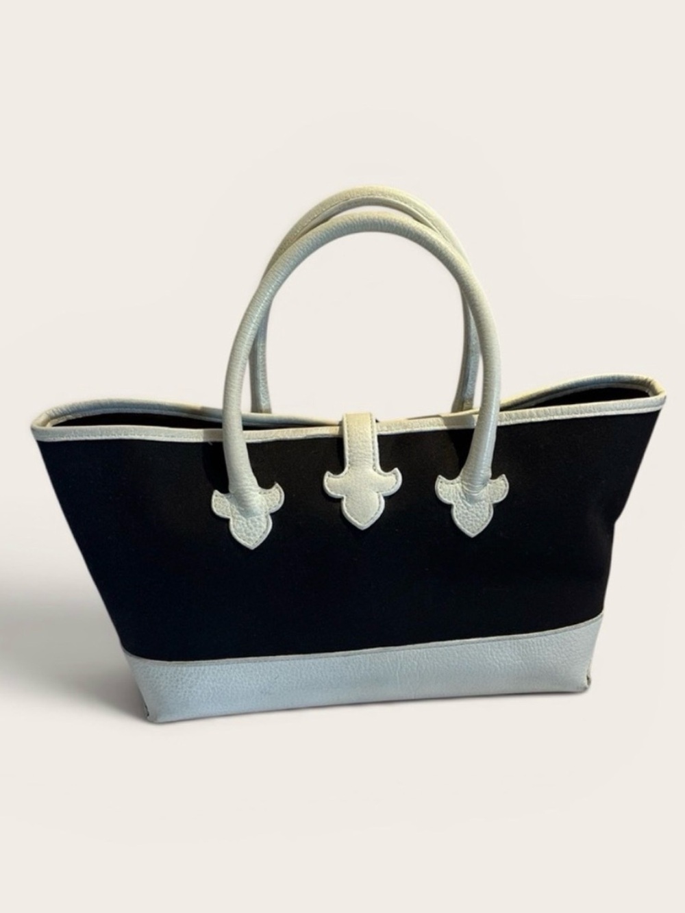 VELL Made In America Brown Canvas & Cream Leather Structured Tote Bag